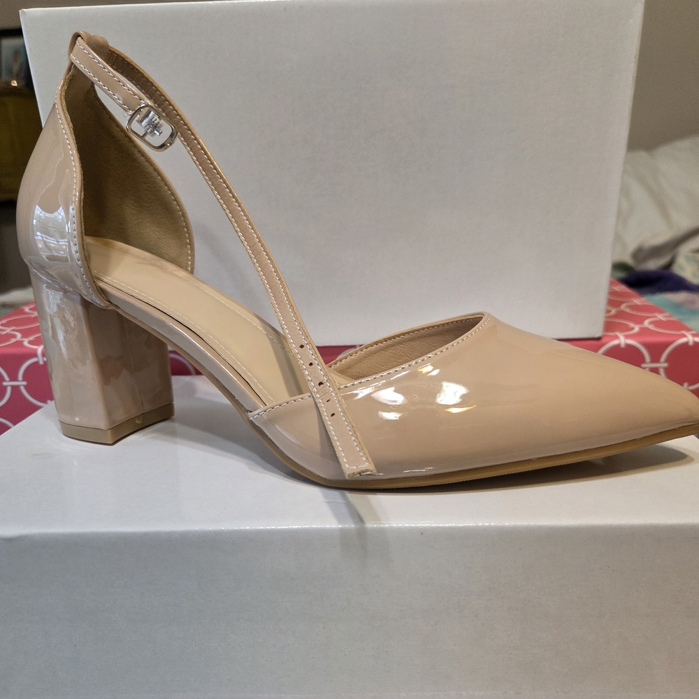 Elegant Nude Patent Leather Block Heel Pumps